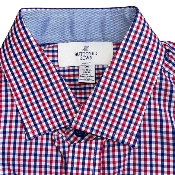 Men's 15.5 Buttoned Down Slim Fit Blue Red Tattersall Check Casual Dress… - Picture 4 of 10